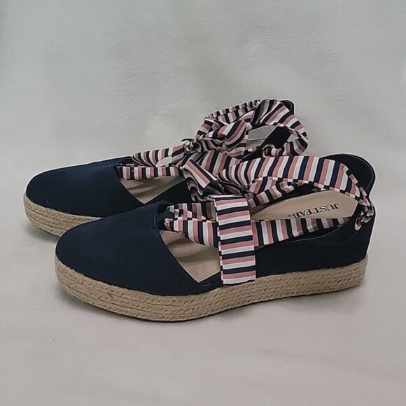 JustFab Navy Blue White Brown Ballet Tie Espadrilles Size 8.5 - Picture 5 of 9